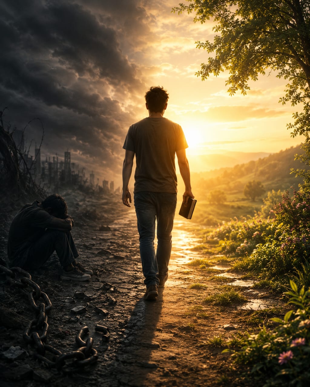 A man walking away from ruins and a chained, downcast figure toward a bright sunrise over green hills, holding a Bible — symbolizing transformation and new life